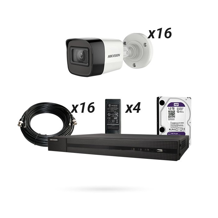 Kit Hikvision 16 Cámaras 8Mp + Grabador + HDD 1TB + 16x Cable Coaxial + 4x Alimentadores KIT GRAN ALMACEN