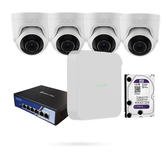 Kit 4 Cámaras Ajax TurretCam 8MP 2.8mm con NVR Ajax, Disco 1 TB y Switch PoE