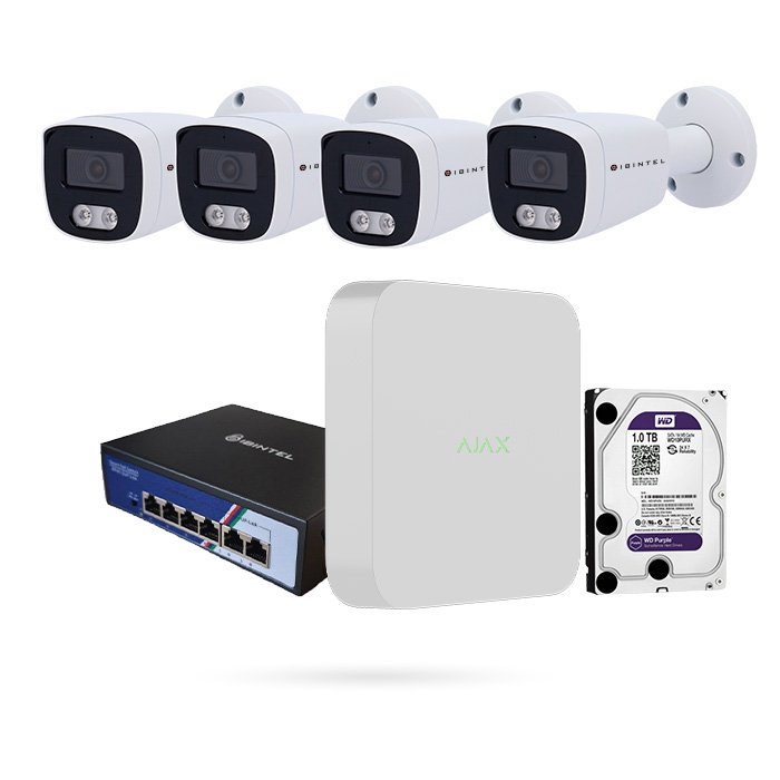 Kit 4 Cámaras Bullet IBINTEL BORA 4MP con NVR Ajax, Switch PoE y Disco 1 TB