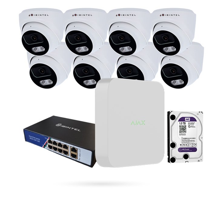 Kit 8 Cámaras Domo IBINTEL ONUBA 4MP con NVR Ajax, Switch PoE y Disco 1 TB