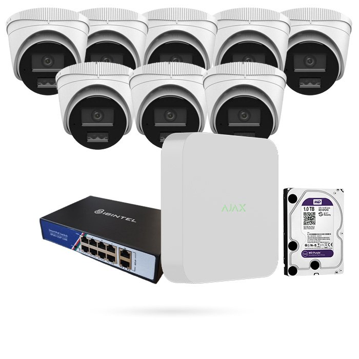 Kit 8 Cámaras Domo IP PoE Hikvision PALK 4MP con NVR Ajax, Switch PoE y Disco 1 TB