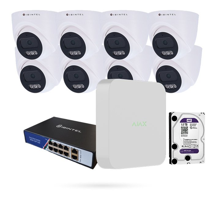 Kit 8 Cámaras Domo IP PoE IBINTEL OLEAS Full HD con NVR Ajax, Switch PoE y Disco 1 TB