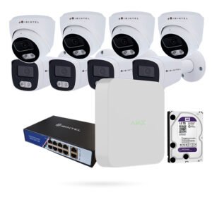 Kit 8 Cámaras IBINTEL 4MP (4 Domos ONUBA + 4 Bullets BORA) con NVR Ajax, Switch PoE y Disco 1 TB